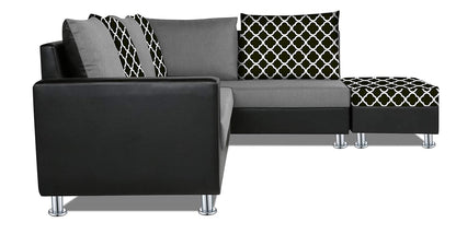Adorn India (3 Years Warranty Atlanta 6 Seater Leatherette & Fabric Corner Sofa Right Hand Side with Ottoman (Grey & Black)