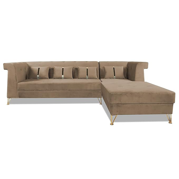 Adorn India Premium Raygan L Shape 6 Seater Sofa Set Right Side (Velvet Fabric Colour Camel)