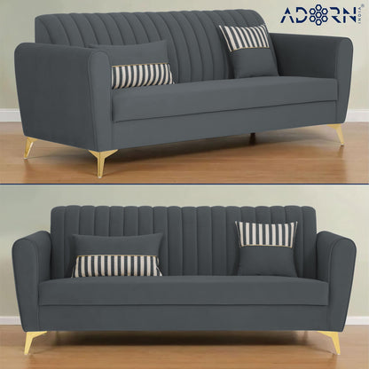 Adorn India Premium Luster 3-1-1 Sofa Set | Velvet Suede Fabric | 3-Year Warranty | Color Dark Grey with Golden Legs & Striped Pattern Cushion