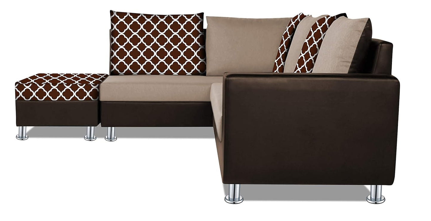 Adorn India (3 Years Warranty Atlanta 6 Seater Leatherette & Fabric Corner Sofa Left Hand Side with Ottoman (Brown & Beige)