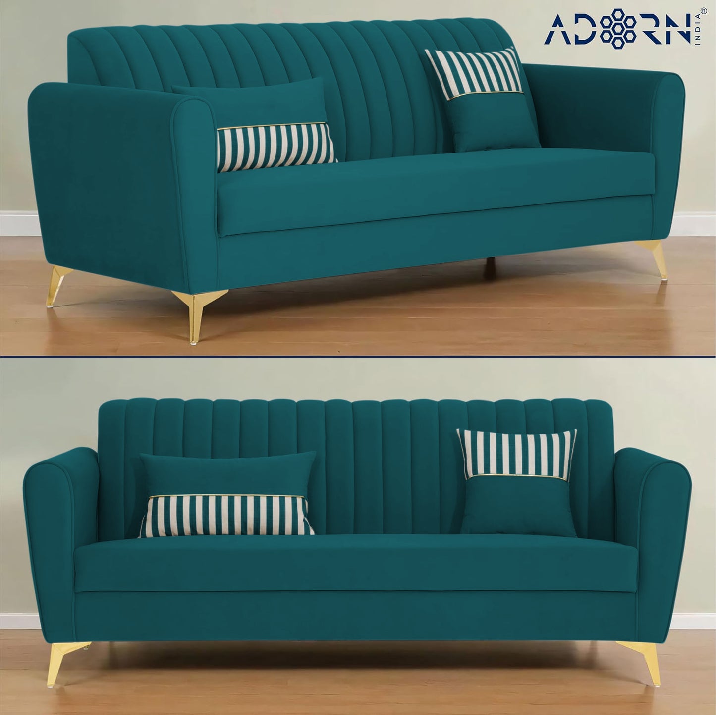 Adorn India Premium Luster 3-2-1 Sofa Set | Velvet Suede Fabric | 3-Year Warranty | Color Ocean Blue with Golden Legs & Striped Pattern Cushion