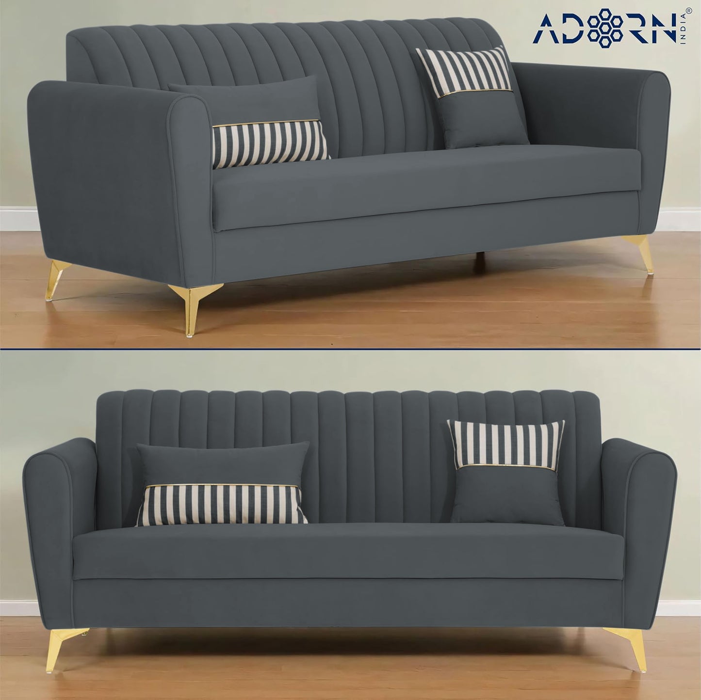 Adorn India Premium Luster 3 Seater | Velvet Suede Fabric | 3-Year Warranty | Color Dark Grey with Golden Legs & Striped Pattern Cushion