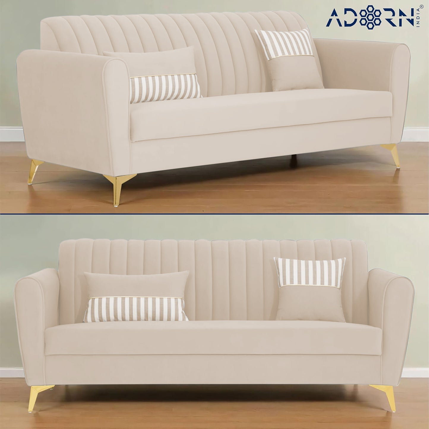 Adorn India Premium Luster 3 Seater | Velvet Suede Fabric | 3-Year Warranty | Color Cream with Golden Legs & Striped Pattern Cushion