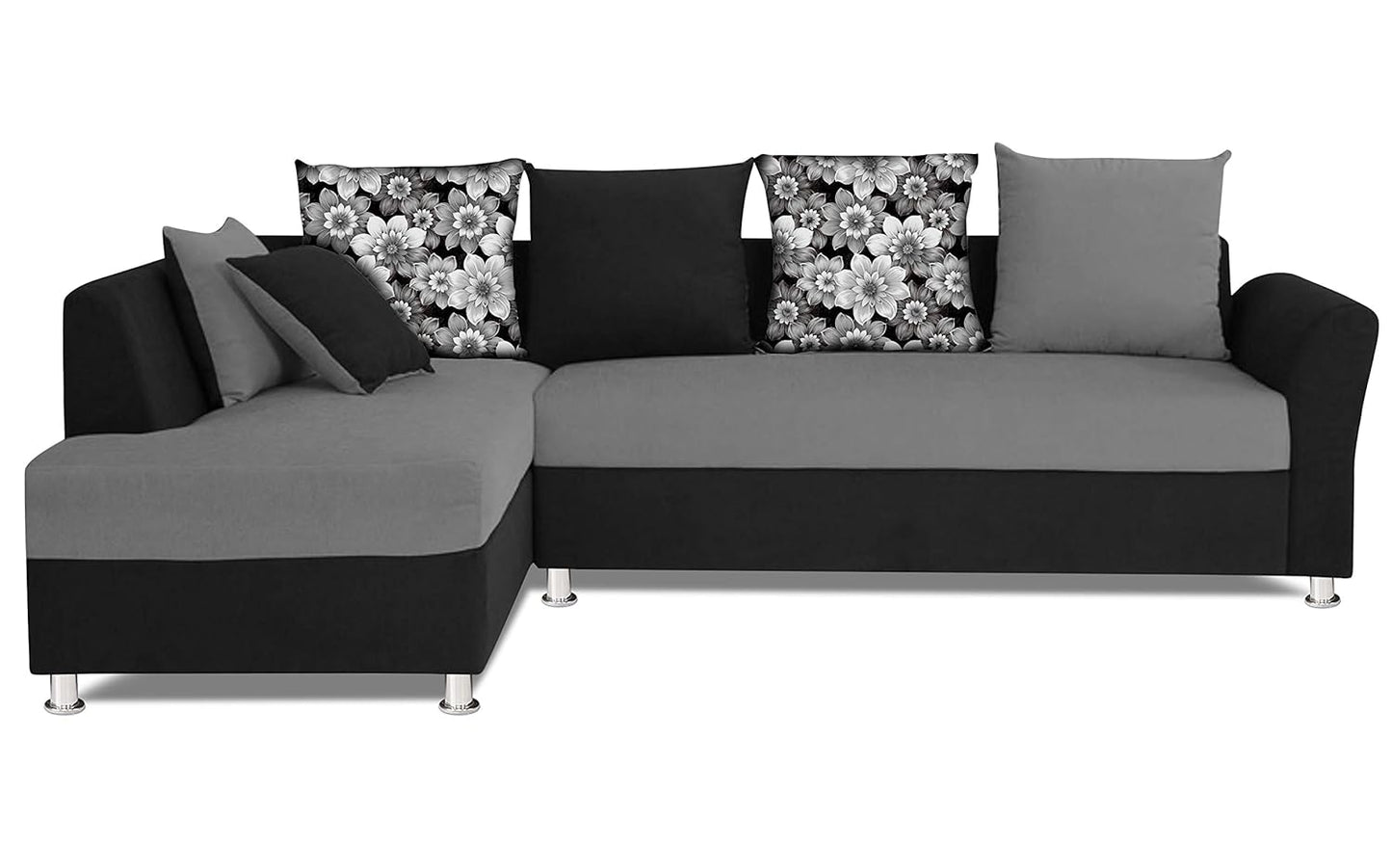 Adorn India (3 Years Warranty Boom 5 Seater Corner Sofa Floral Cushion Left Hand Side (Grey & Black)