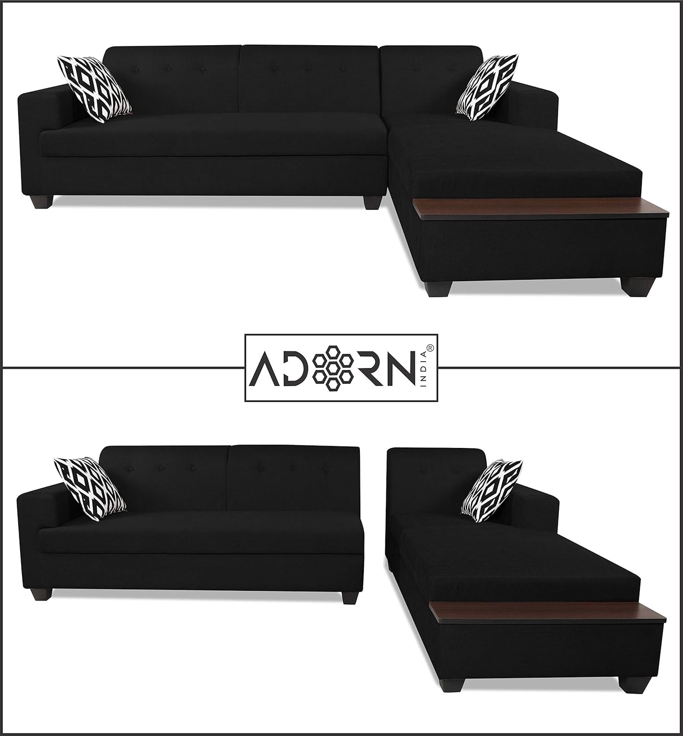 Adorn India Blazer L Shape 6 Seater Sofa Set (Right Side) (Black)