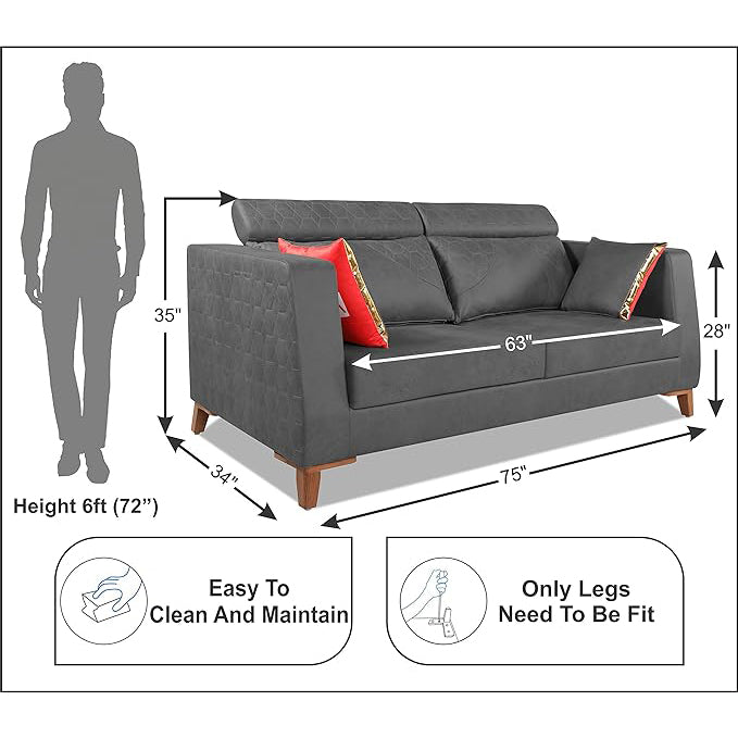 Adorn India Premium Pluto 3 Seater Sofa (Grey)