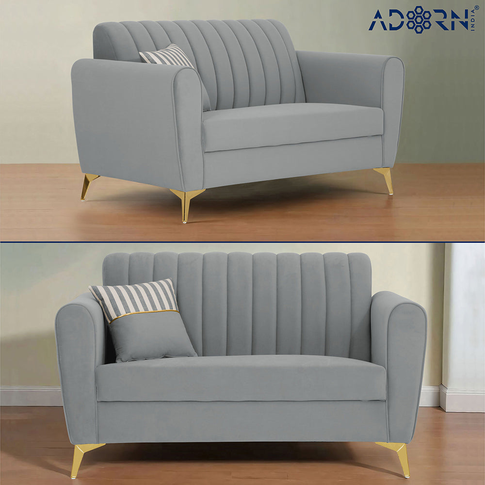 Adorn India Premium Luster 2 Seater | Velvet Suede Fabric | 3-Year Warranty | Color Grey with Golden Legs & Striped Pattern Cushion