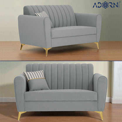Adorn India Premium Luster 2 Seater | Velvet Suede Fabric | 3-Year Warranty | Color Grey with Golden Legs & Striped Pattern Cushion