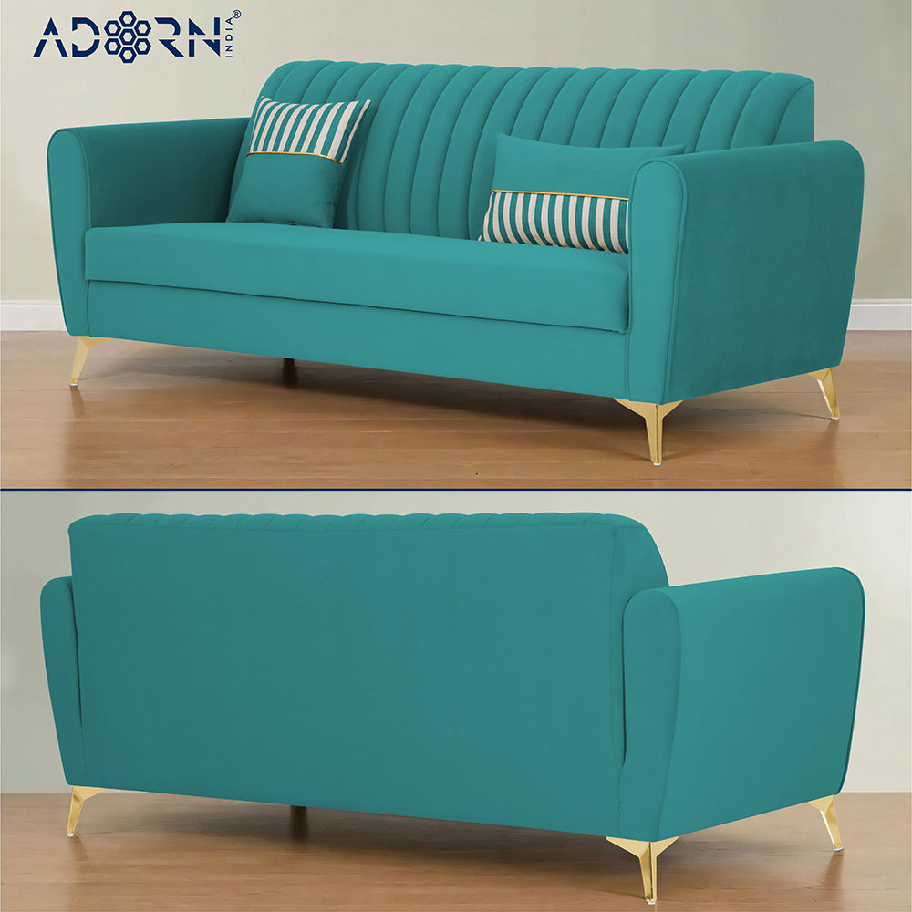 Adorn India Premium Luster 3-1-1 Sofa Set | Velvet Suede Fabric | 3-Year Warranty | Color Aqua Blue with Golden Legs & Striped Pattern Cushion