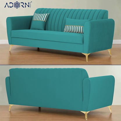 Adorn India Premium Luster 3-1-1 Sofa Set | Velvet Suede Fabric | 3-Year Warranty | Color Aqua Blue with Golden Legs & Striped Pattern Cushion