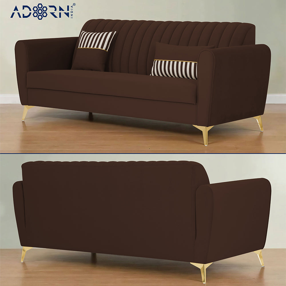 Adorn India Premium Luster 3 Seater | Velvet Suede Fabric | 3-Year Warranty | Color Brown with Golden Legs & Striped Pattern Cushion