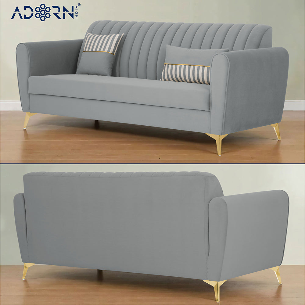 Adorn India Premium Luster 3 Seater | Velvet Suede Fabric | 3-Year Warranty | Color Grey with Golden Legs & Striped Pattern Cushion