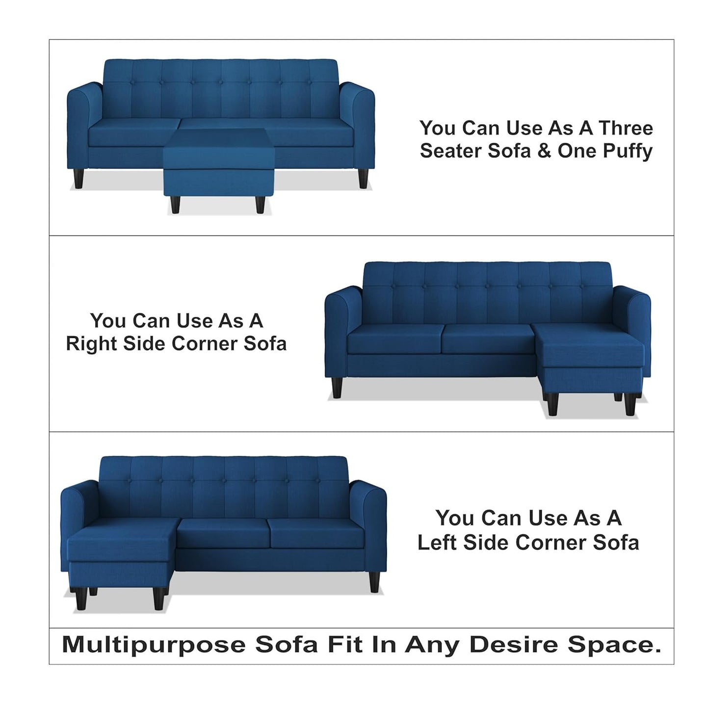 Adorn India Rio Elegant L Shape 4 Seater Sofa Set (Blue) (3 Year Warranty)