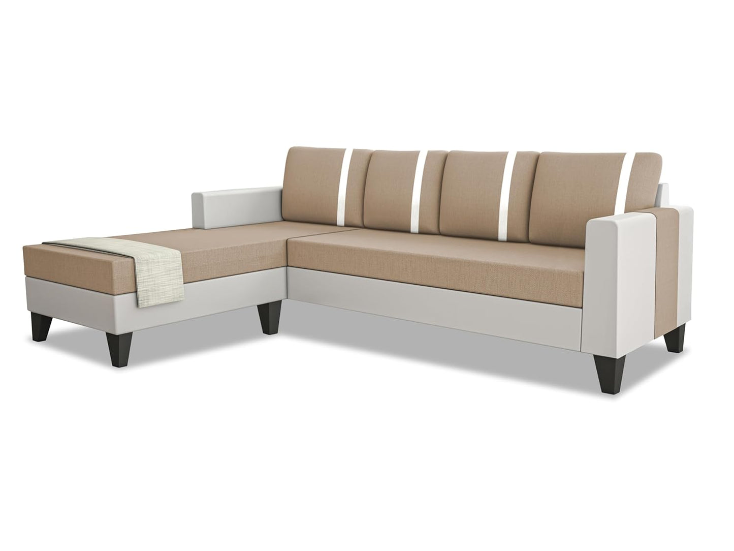 Adorn India Ashley Stripes Leatherette Fabric L Shape 5 Seater Sofa Set LHS (Beige & White) (3 Year Warranty)