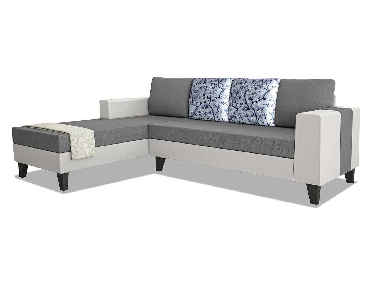 Adorn India Ashley Digitel Print Leatherette Fabric L Shape 8 Seater Sofa Set with 2 Ottoman Puffy & Center Table LHS (Grey & White) (3 Year Warranty)