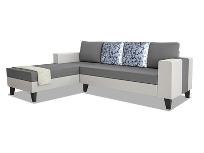 Adorn India Ashley Digitel Print Leatherette Fabric L Shape 8 Seater Sofa Set with 2 Ottoman Puffy & Center Table LHS (Grey & White) (3 Year Warranty)