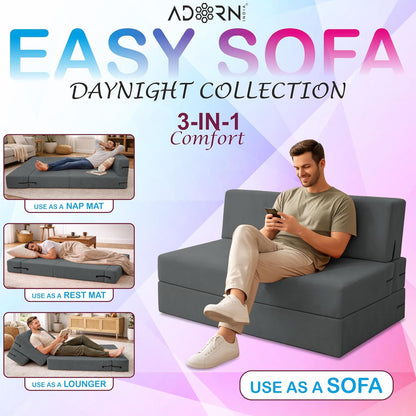 Adorn India Easy 3 Seater Sofa Cum Bed | Velvet Fabric | Dark Grey | Plain Design | 6x5 Ft | Comfortable Seating | Washable Cover | Perfect for Home & Office