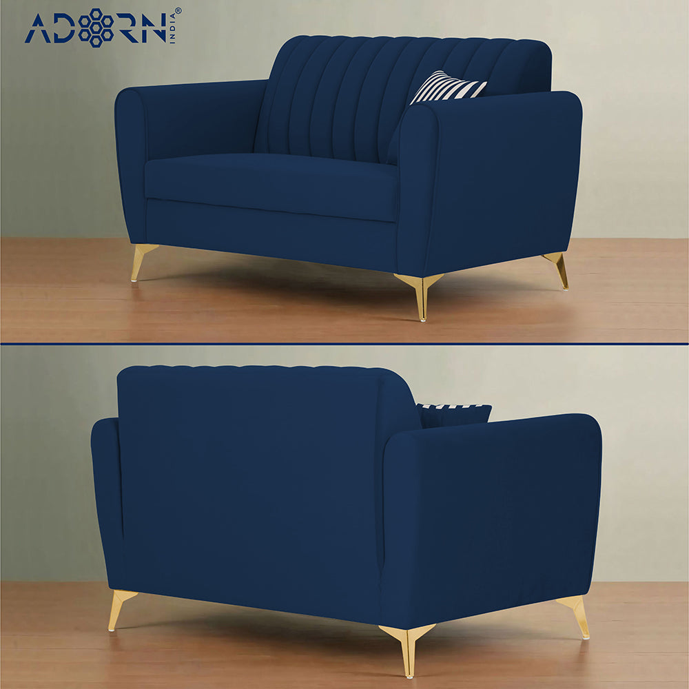 Adorn India Premium Luster 3+2 Sofa Set | Velvet Suede Fabric | 3-Year Warranty | Color Blue with Golden Legs & Striped Pattern Cushion