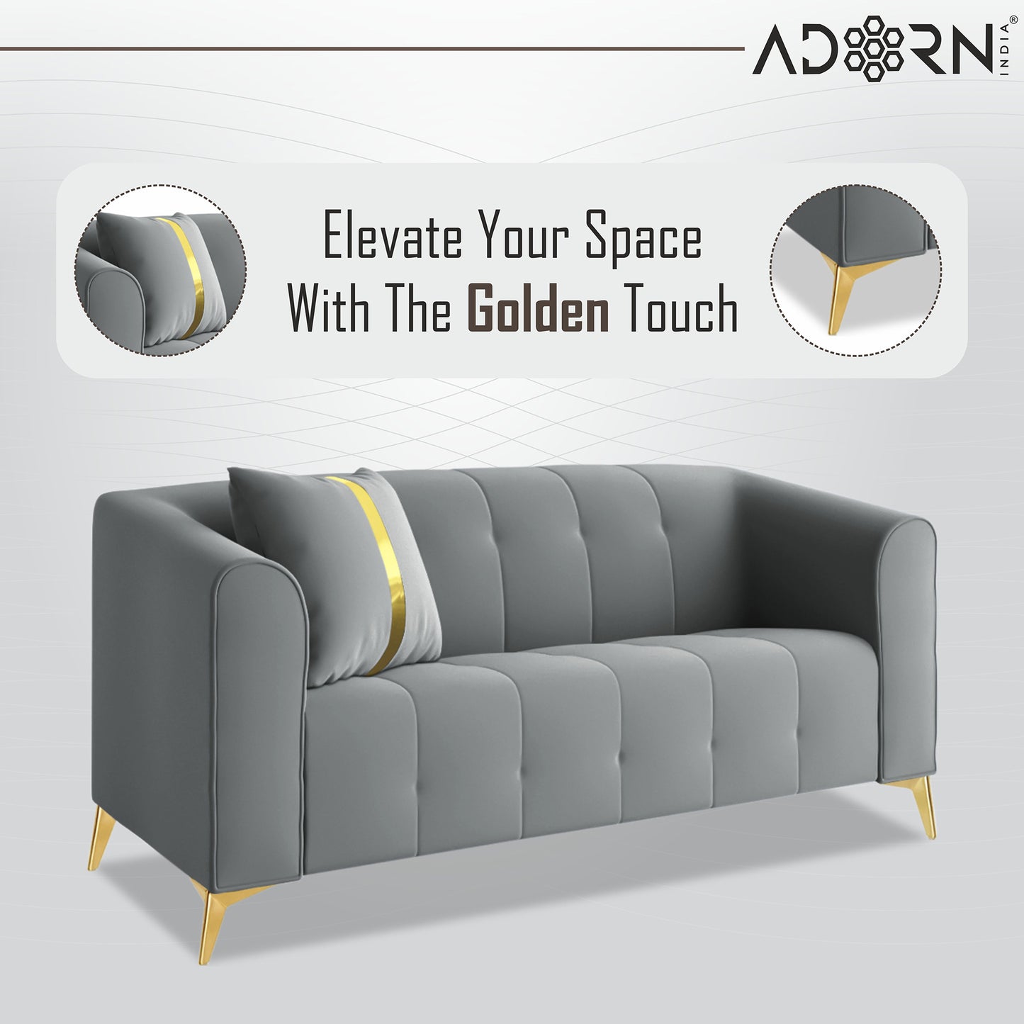Adorn India Premium Mystic - 3 Years Warranty - 2 Seater Sofa Velvet Suede Fabric - Grey