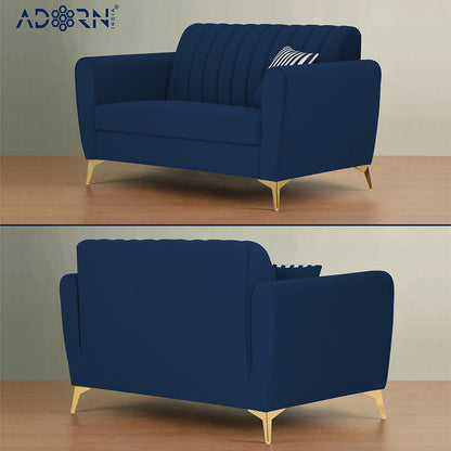 Adorn India Premium Luster 2 Seater | Velvet Suede Fabric | 3-Year Warranty | Color Blue with Golden Legs & Striped Pattern Cushion