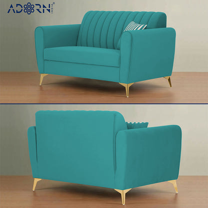 Adorn India Premium Luster 3-2 Sofa Set | Velvet Suede Fabric | 3-Year Warranty | Color Aqua Blue with Golden Legs & Striped Pattern Cushion