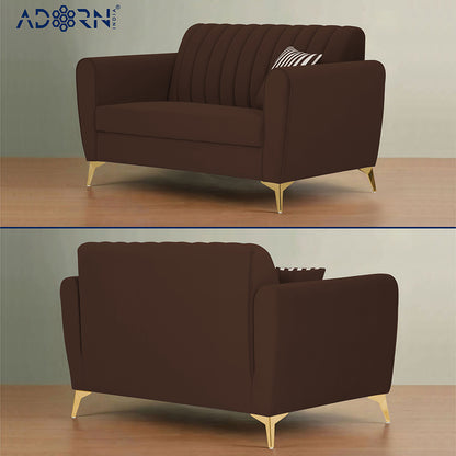 Adorn India Premium Luster 2 Seater | Velvet Suede Fabric | 3-Year Warranty | Color Brown with Golden Legs & Striped Pattern Cushion