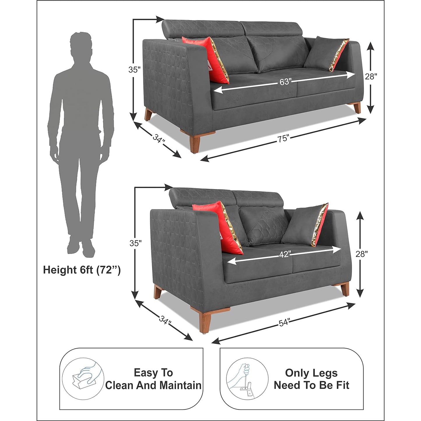Adorn India Premium Pluto 3+2 Five Seater Sofa Set (Grey)