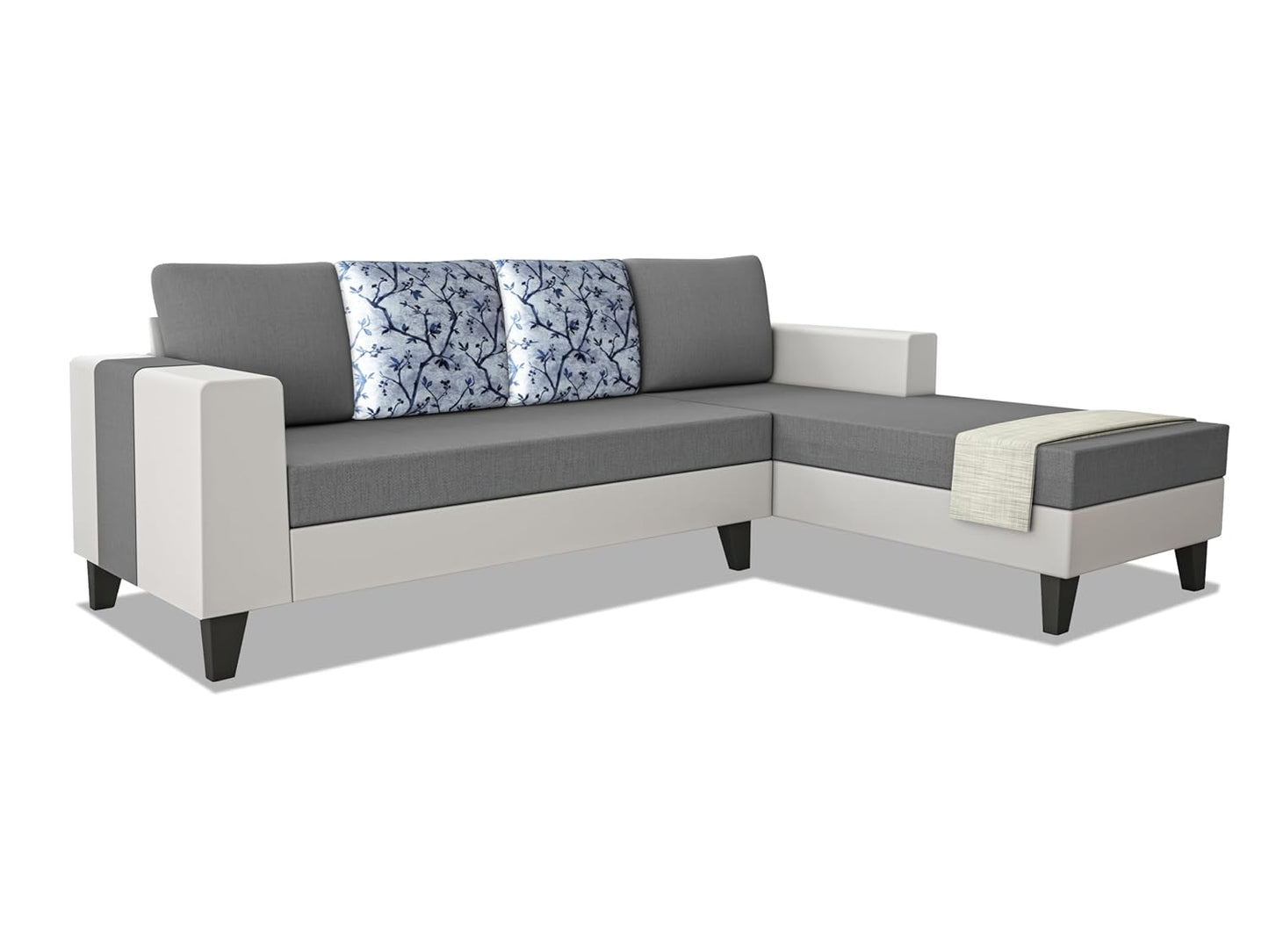 Adorn India Ashley Digitel Print Leatherette Fabric L Shape 8 Seater Sofa Set with 2 Ottoman Puffy & Center Table RHS (Grey & White) (3 Year Warranty)
