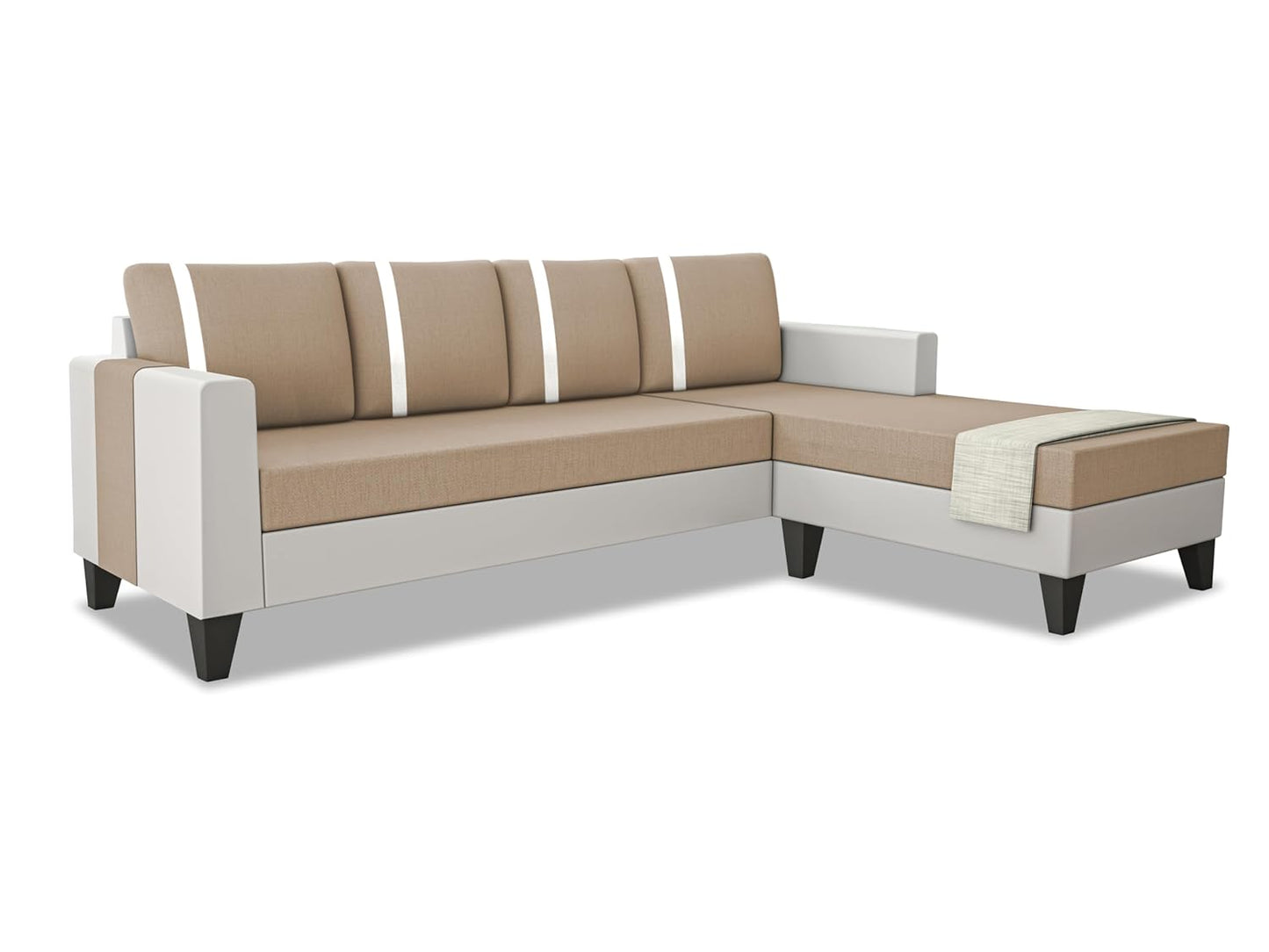 Adorn India Ashley Stripes Leatherette Fabric L Shape 5 Seater Sofa Set RHS (Beige & White) (3 Year Warranty)