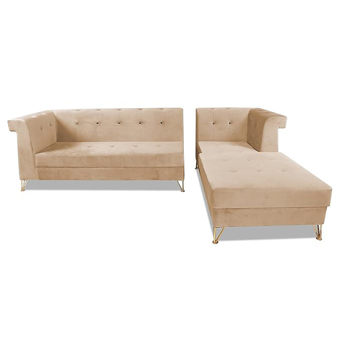 Adorn India Premium Raygan L Shape 6 Seater Sofa Set Right Side (Velvet Fabric Colour Beige)