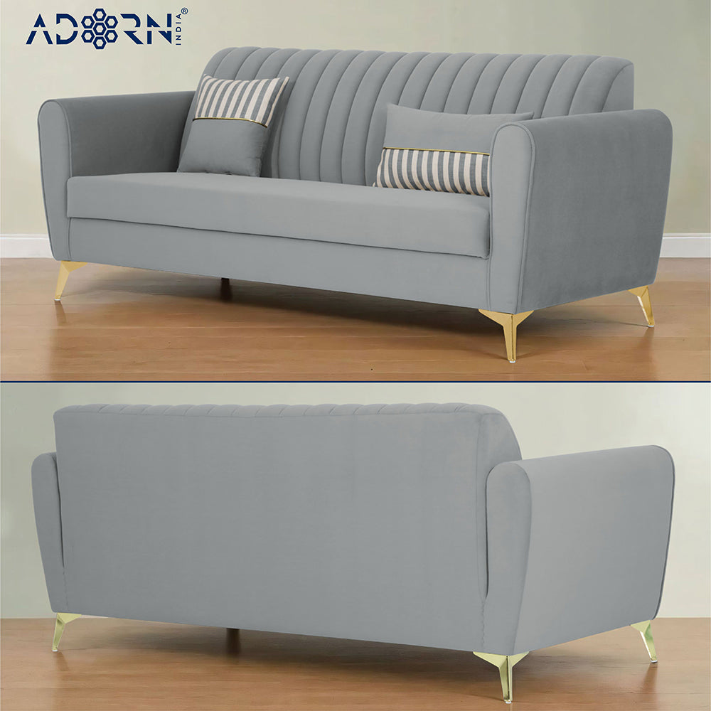 Adorn India Premium Luster 3+1+1 Sofa Set | Velvet Suede Fabric | 3-Year Warranty | Color Grey with Golden Legs & Striped Pattern Cushion