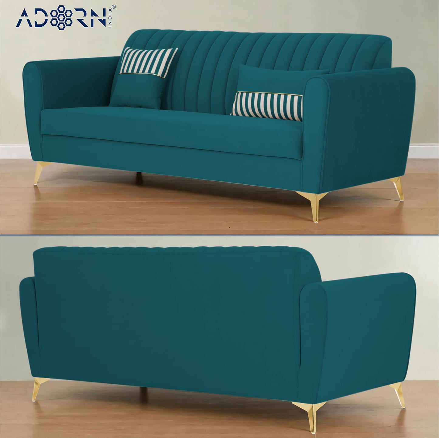 Adorn India Premium Luster 3 Seater | Velvet Suede Fabric | 3-Year Warranty | Color Ocean Blue with Golden Legs & Striped Pattern Cushion