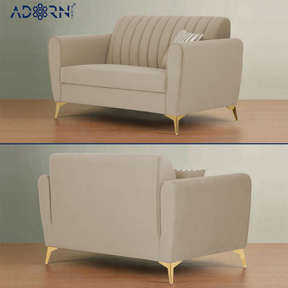 Adorn India Premium Luster 3-2 Sofa Set | Velvet Suede Fabric | 3-Year Warranty | Color Beige with Golden Legs & Striped Pattern Cushion