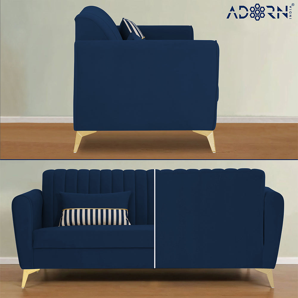 Adorn India Premium Luster 3 Seater | Velvet Suede Fabric | 3-Year Warranty | Color Blue with Golden Legs & Striped Pattern Cushion