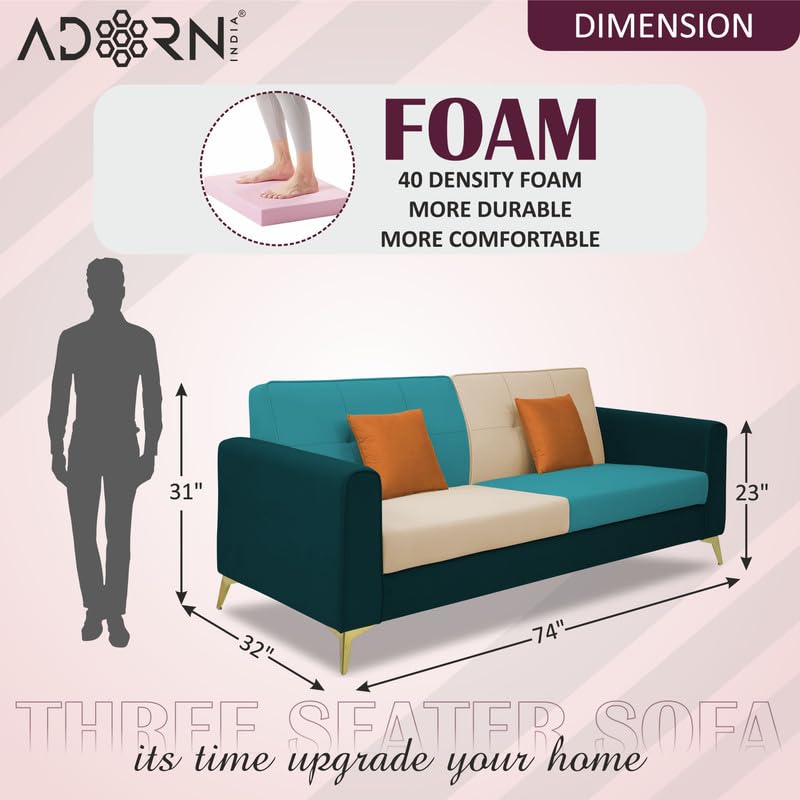 Adorn India Premium Harlem 3 Seater Sofa | Velvet Suede Upholstery | 3-Year Warranty | Ocean Blue, Aqua Blue & Beige with Gold Legs & Cushion