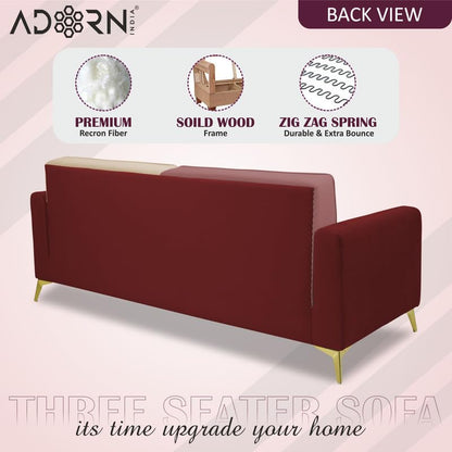 Adorn India Premium Harlem 3 Seater Sofa | Velvet Suede Upholstery | 3-Year Warranty | Maroon, Pink & Beige with Gold Legs & Cushion