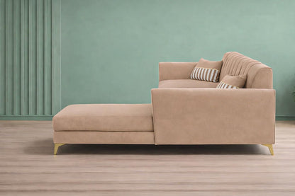 Adorn India Premium Luster 6 Seater L Shape Sofa Set | Velvet Suede Fabric | 3-Year Warranty | RHS |Color Beige with Golden Legs & Striped Pattern Cushion