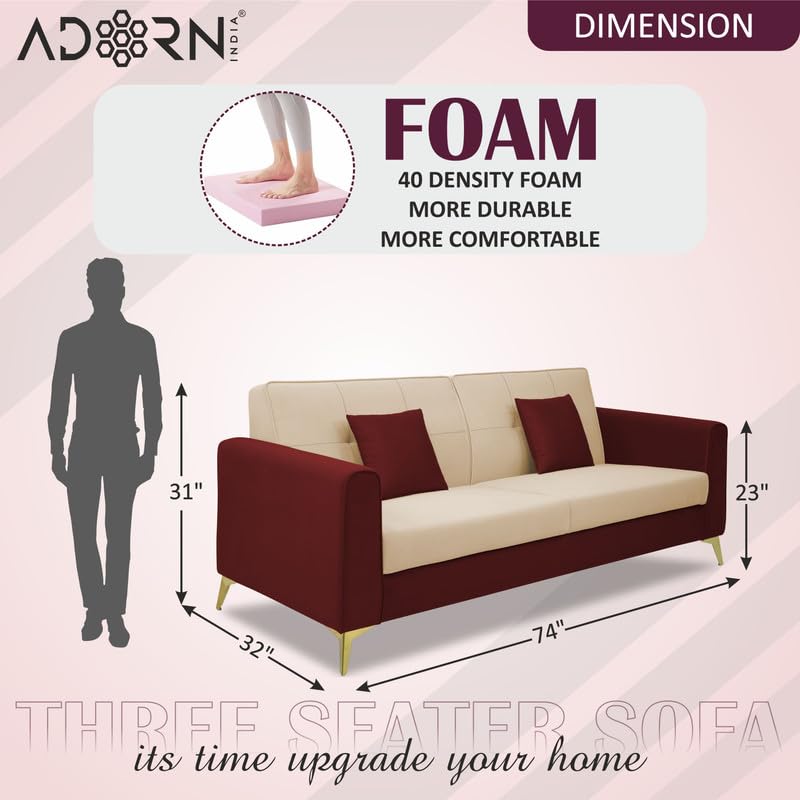 Adorn India Premium Harlem 3 Seater Sofa | Velvet Suede Upholstery | 3-Year Warranty |Maroon & Beige with Gold Legs & Cushion