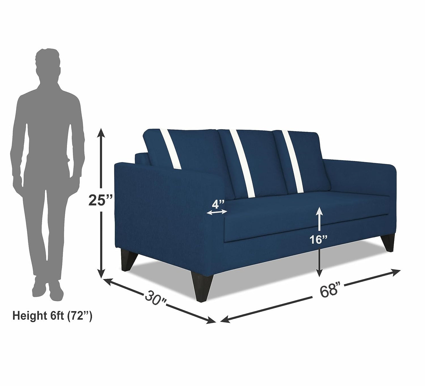 Adorn India Wood Chandler Plus 3 Seater Sofa (Blue), 3-Person Sofa
