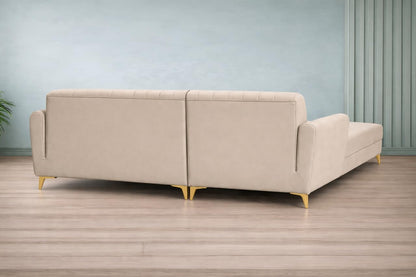 Adorn India Premium Luster 8 Seater L Shape Sofa Set with 2 Puffy & 1 Center Table | Velvet Suede Fabric | 3-Year Warranty | LHS | Cream with Golden Legs & Striped Pattern Cushion