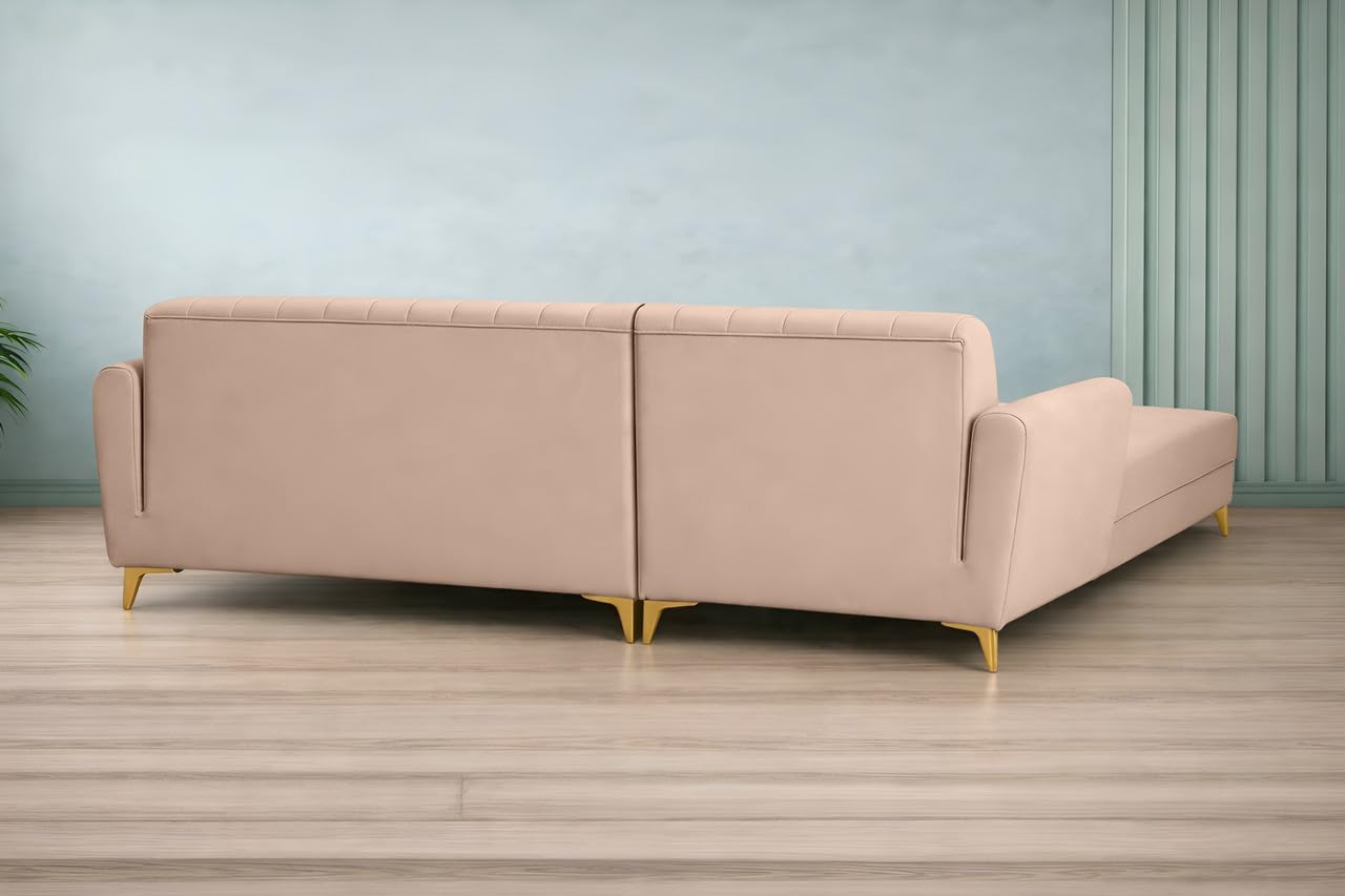 Adorn India Premium Luster 8 Seater L Shape Sofa Set with 2 Puffy & 1 Center Table | Velvet Suede Fabric | 3-Year Warranty | LHS | Beige with Golden Legs & Striped Pattern Cushion