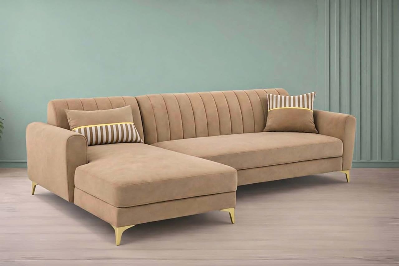 Adorn India Premium Luster 6 Seater L Shape Sofa Set | Velvet Suede Fabric | 3-Year Warranty | LHS |Color Camel with Golden Legs & Striped Pattern Cushion