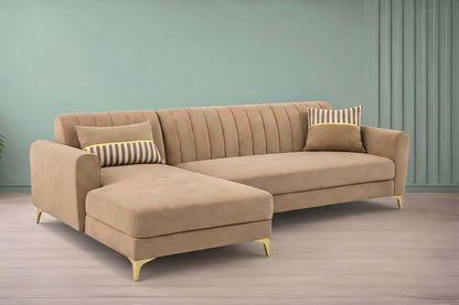 Adorn India Premium Luster 6 Seater L Shape Sofa Set | Velvet Suede Fabric | 3-Year Warranty | LHS |Color Camel with Golden Legs & Striped Pattern Cushion