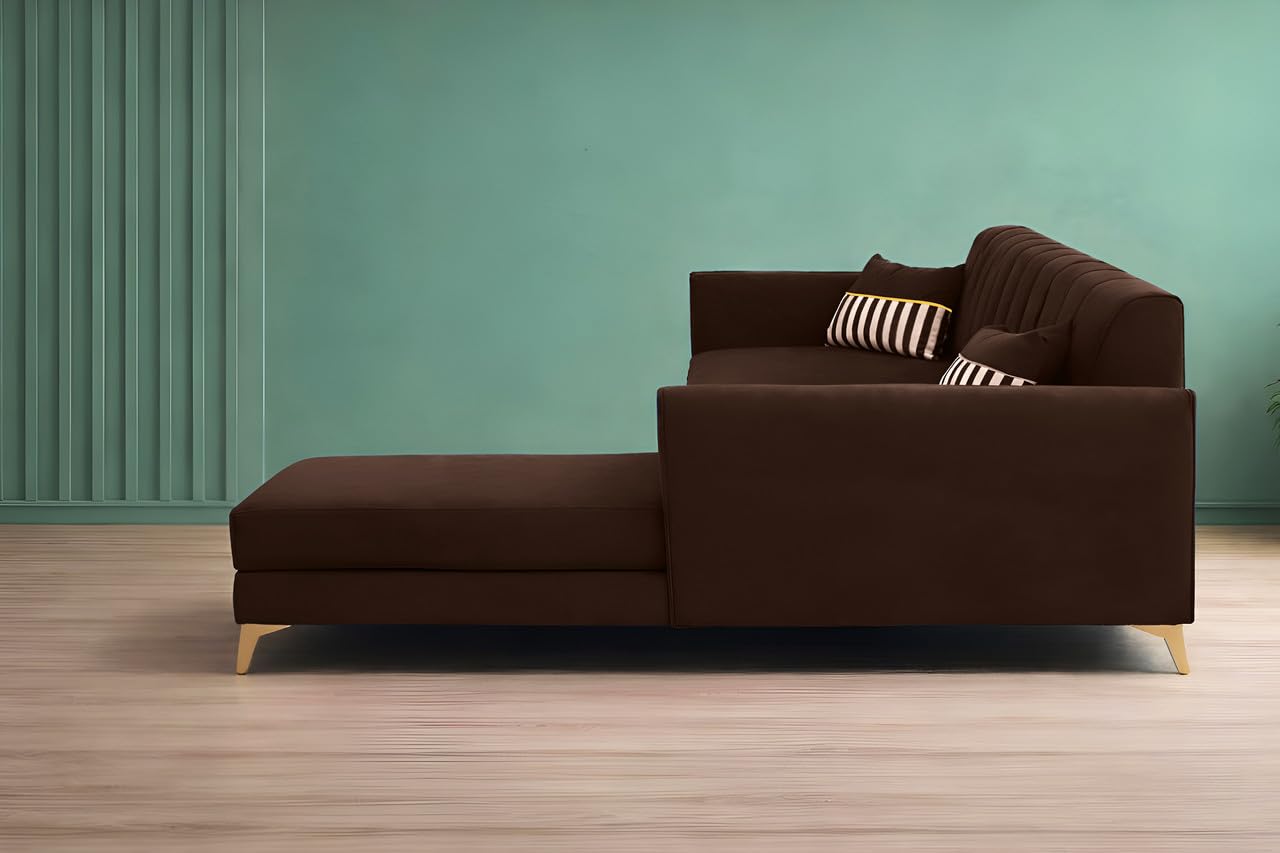 Adorn India Premium Luster 6 Seater L Shape Sofa Set | Velvet Suede Fabric | 3-Year Warranty | RHS |Color Brown with Golden Legs & Striped Pattern Cushion