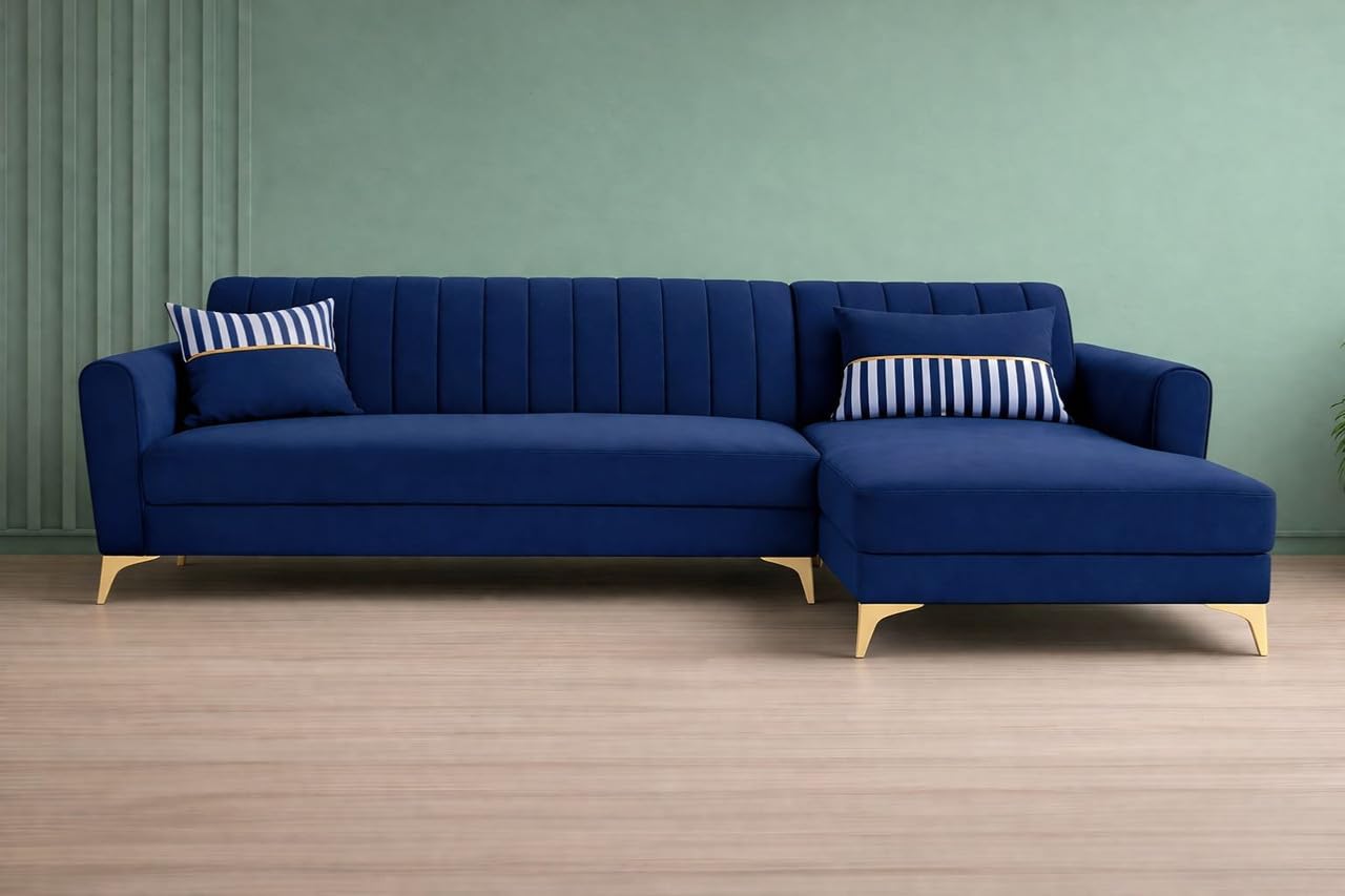 Adorn India Premium Luster 6 Seater L Shape Sofa Set | Velvet Suede Fabric | 3-Year Warranty | RHS |Color Blue with Golden Legs & Striped Pattern Cushion