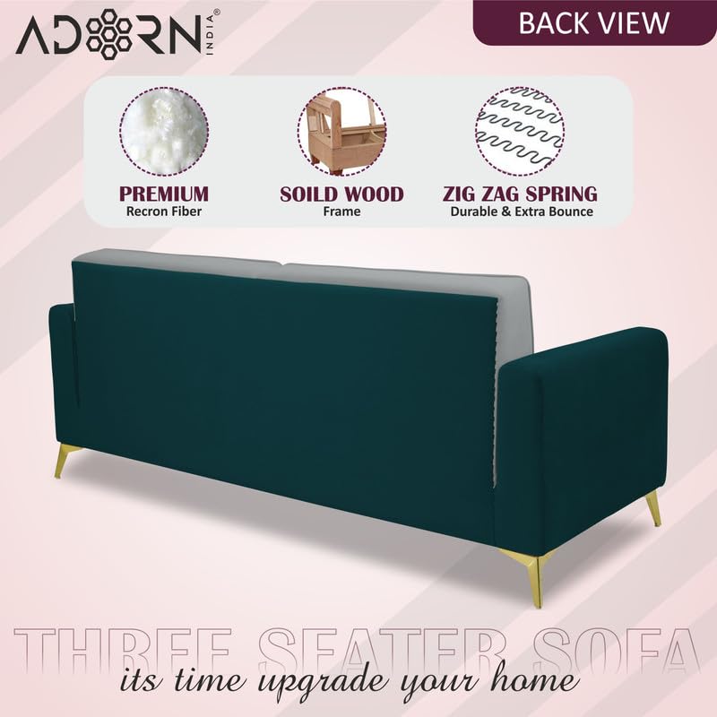 Adorn India Premium Harlem 3 Seater Sofa | Velvet Suede Upholstery | 3-Year Warranty | Ocean Blue & Grey with Gold Legs & Cushion