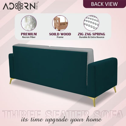 Adorn India Premium Harlem 3 Seater Sofa | Velvet Suede Upholstery | 3-Year Warranty | Ocean Blue & Grey with Gold Legs & Cushion