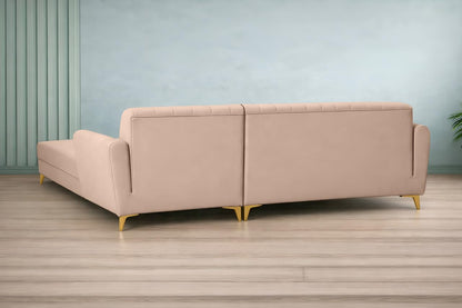 Adorn India Premium Luster 6 Seater L Shape Sofa Set | Velvet Suede Fabric | 3-Year Warranty | RHS |Color Beige with Golden Legs & Striped Pattern Cushion