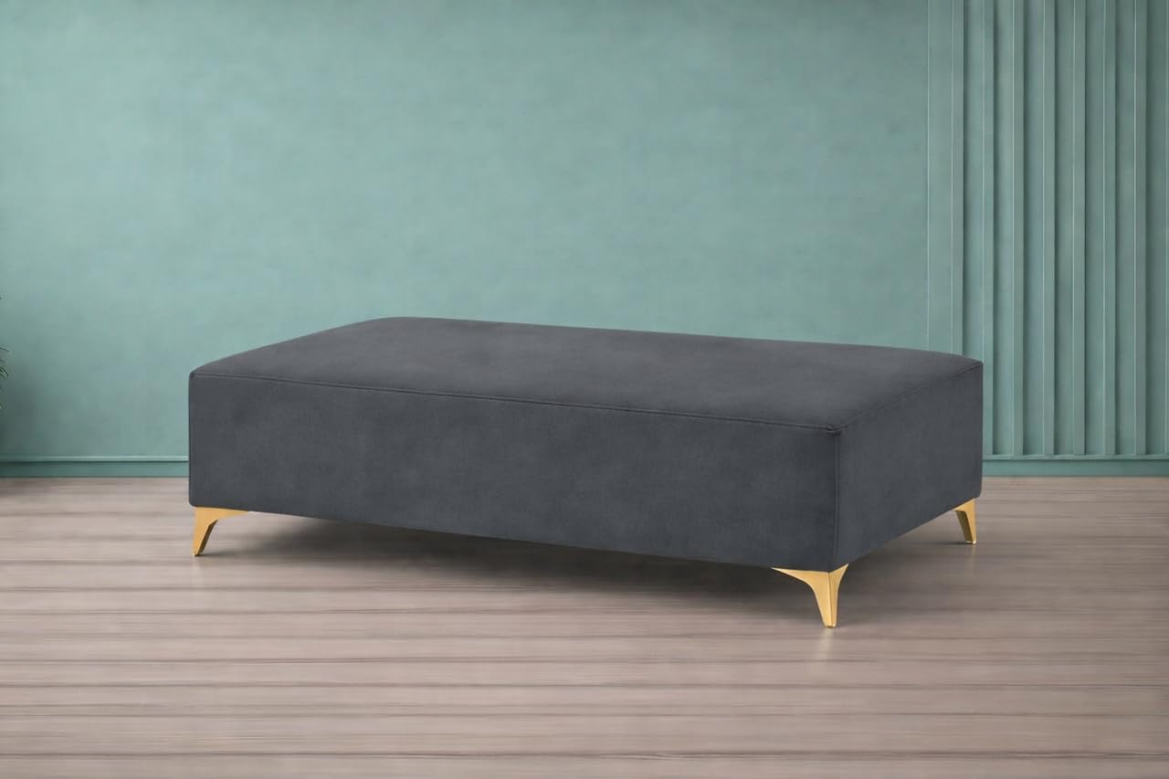 Adorn India Premium Luster 8 Seater L Shape Sofa Set with 2 Puffy & 1 Center Table | Velvet Suede Fabric | 3-Year Warranty | LHS | Dark Grey with Golden Legs & Striped Pattern Cushion