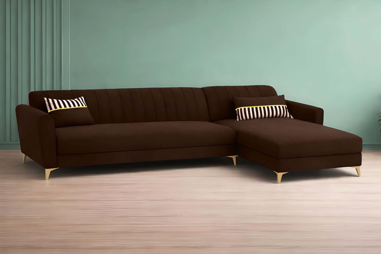 Adorn India Premium Luster 6 Seater L Shape Sofa Set | Velvet Suede Fabric | 3-Year Warranty | RHS |Color Brown with Golden Legs & Striped Pattern Cushion
